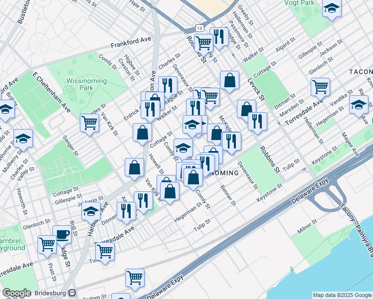 map of restaurants, bars, coffee shops, grocery stores, and more near 4505-7 Higbee Street in Philadelphia