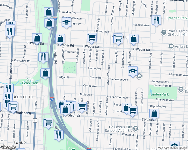 map of restaurants, bars, coffee shops, grocery stores, and more near 2691 Azelda Street in Columbus