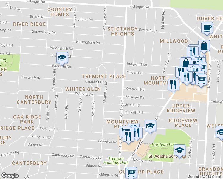 map of restaurants, bars, coffee shops, grocery stores, and more near 3157 Ainwick Road in Columbus