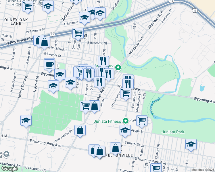 map of restaurants, bars, coffee shops, grocery stores, and more near 602 East Wyoming Avenue in Philadelphia