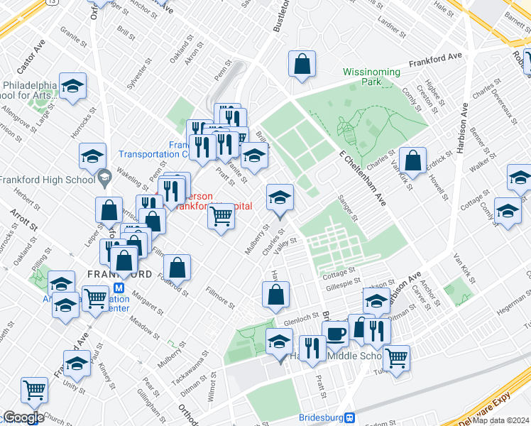 map of restaurants, bars, coffee shops, grocery stores, and more near 5212 Marlowe Street in Philadelphia