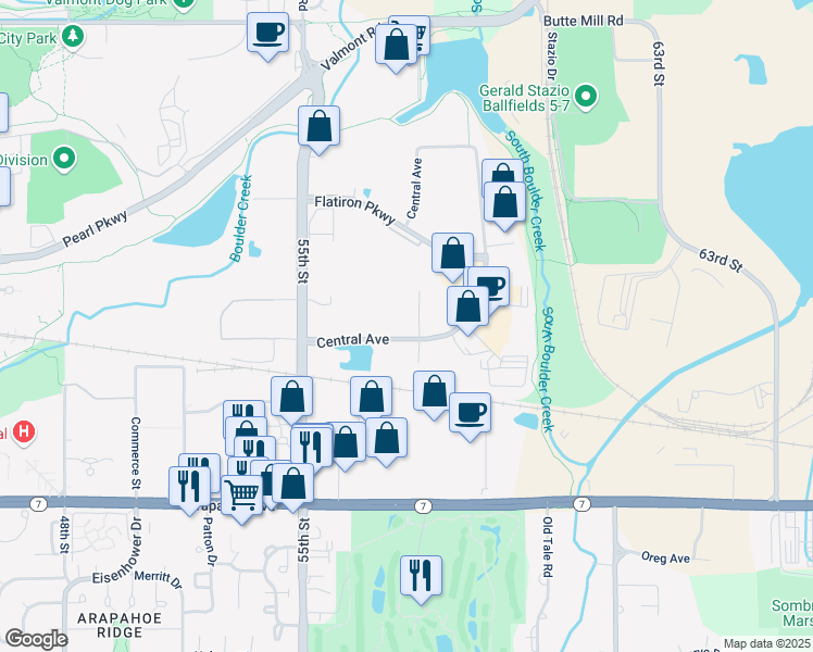 map of restaurants, bars, coffee shops, grocery stores, and more near 5555 Central Avenue in Boulder