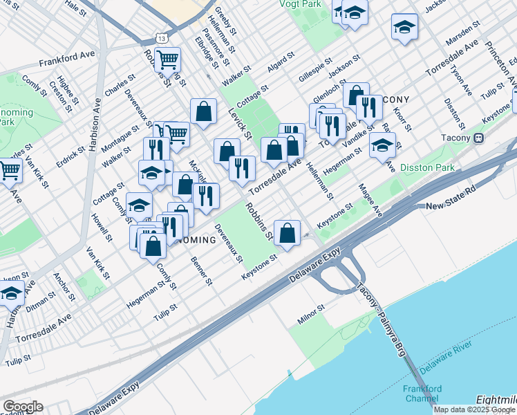 map of restaurants, bars, coffee shops, grocery stores, and more near 6309 Vandike Street in Philadelphia