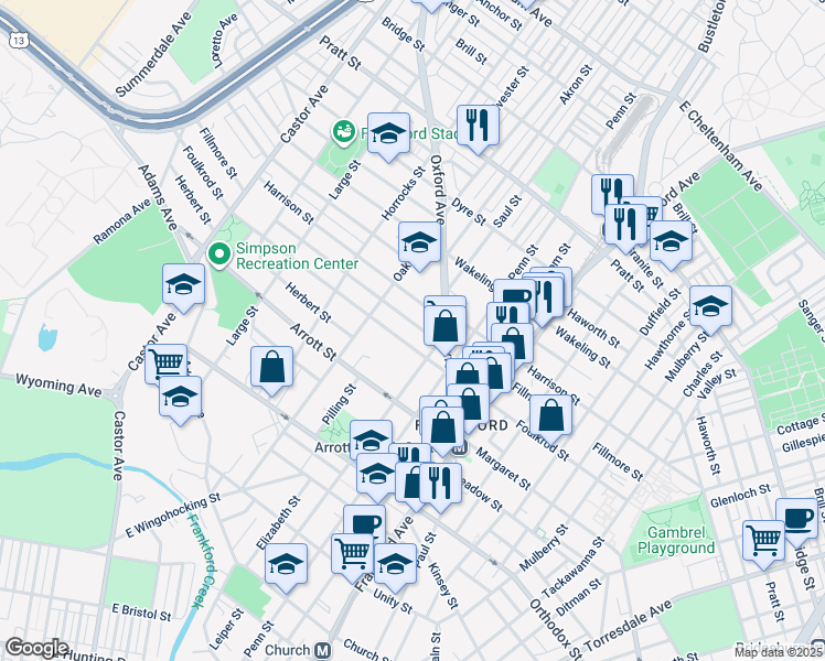 map of restaurants, bars, coffee shops, grocery stores, and more near 1354 Fillmore Street in Philadelphia