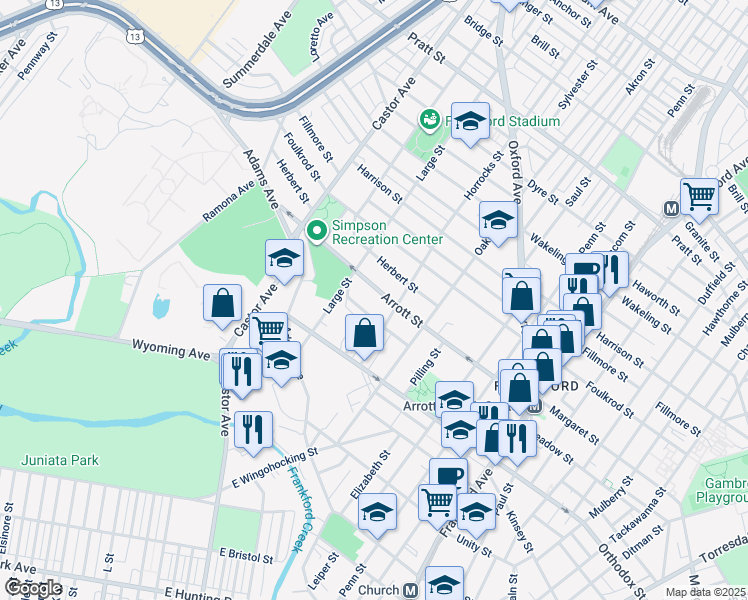 map of restaurants, bars, coffee shops, grocery stores, and more near 1140 Arrott Street in Philadelphia