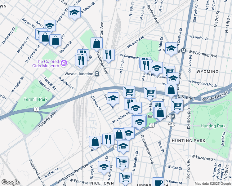 map of restaurants, bars, coffee shops, grocery stores, and more near 1916 Dennie Street in Philadelphia
