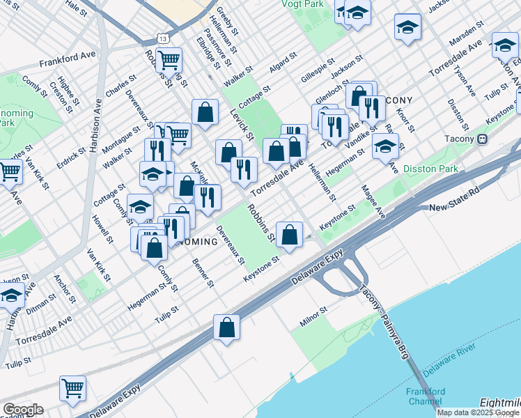 map of restaurants, bars, coffee shops, grocery stores, and more near 6309 Vandike Street in Philadelphia