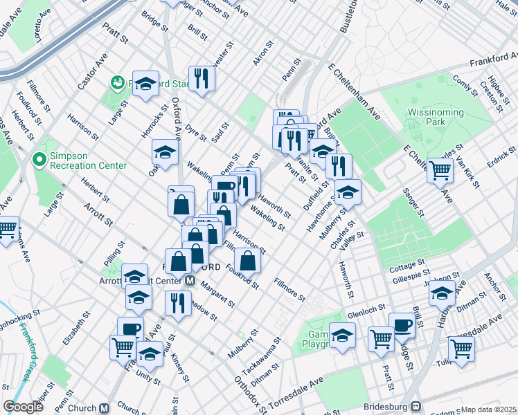 map of restaurants, bars, coffee shops, grocery stores, and more near 1619 Wakeling Street in Philadelphia
