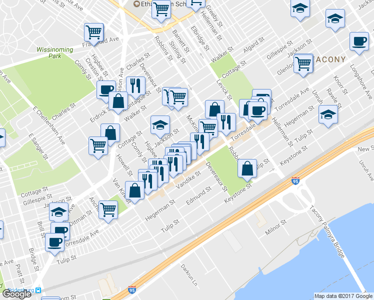 map of restaurants, bars, coffee shops, grocery stores, and more near 6135 Ditman Street in Philadelphia