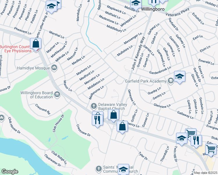 map of restaurants, bars, coffee shops, grocery stores, and more near 42 Mayfair Circle in Willingboro