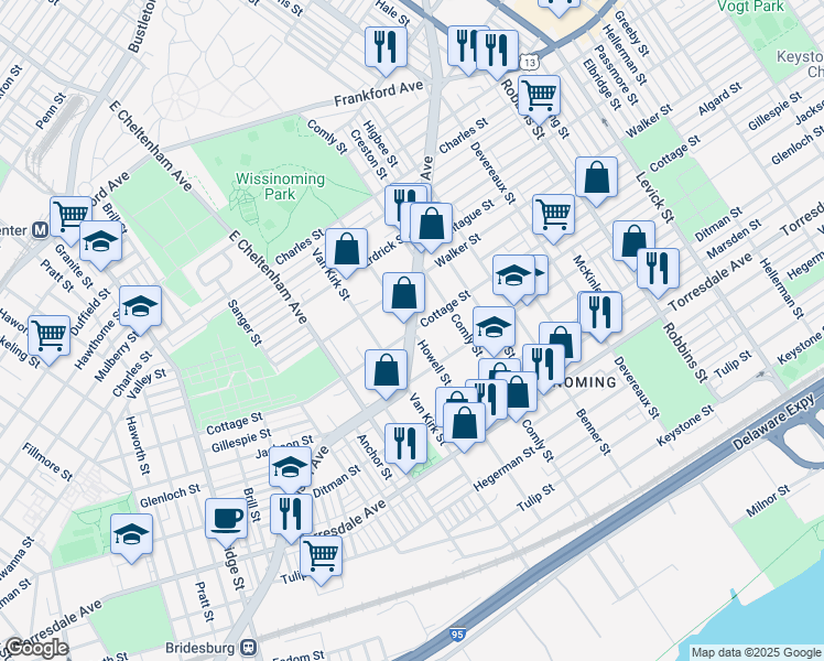 map of restaurants, bars, coffee shops, grocery stores, and more near Harbison Ave & Cottage St in Philadelphia