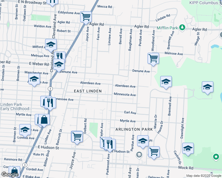 map of restaurants, bars, coffee shops, grocery stores, and more near 2533 Parkwood Avenue in Columbus