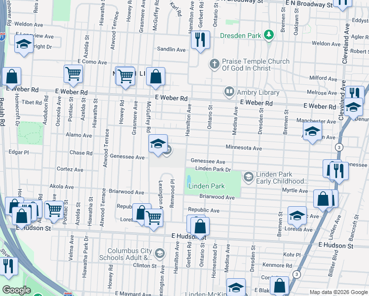 map of restaurants, bars, coffee shops, grocery stores, and more near 1225 Minnesota Avenue in Columbus