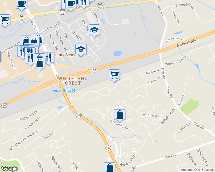 map of restaurants, bars, coffee shops, grocery stores, and more near 167 Mountain View Drive in West Chester