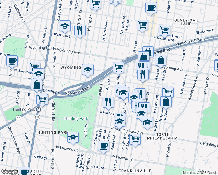 map of restaurants, bars, coffee shops, grocery stores, and more near 732 West Wingohocking Street in Philadelphia