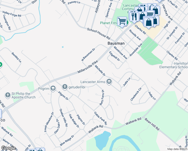 map of restaurants, bars, coffee shops, grocery stores, and more near 1704 Saint Paul Circle in Lancaster