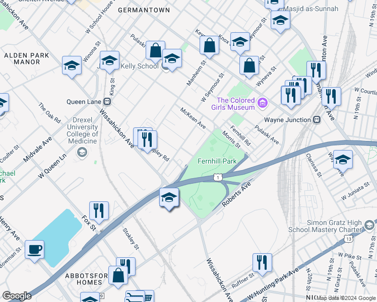 map of restaurants, bars, coffee shops, grocery stores, and more near 4919 Laurens Street in Philadelphia