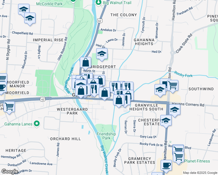 map of restaurants, bars, coffee shops, grocery stores, and more near 99 Shull Avenue in Columbus