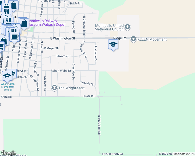 map of restaurants, bars, coffee shops, grocery stores, and more near 707 Prairie Lane Drive in Monticello