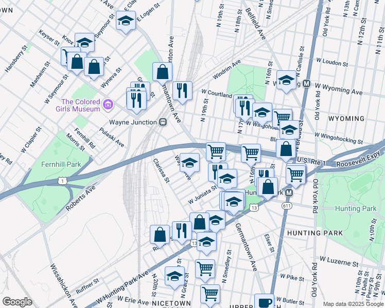 map of restaurants, bars, coffee shops, grocery stores, and more near 1920 Dennie Street in Philadelphia