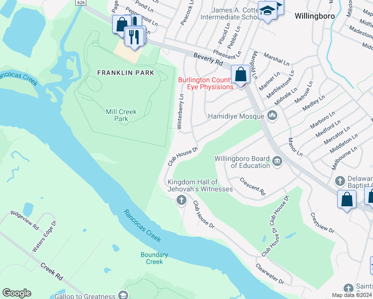 map of restaurants, bars, coffee shops, grocery stores, and more near 95 Club House Drive in Willingboro