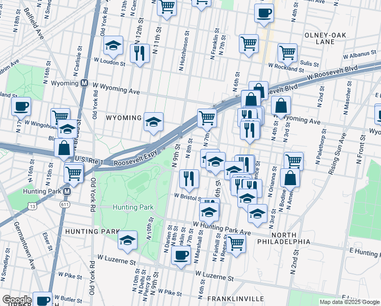 map of restaurants, bars, coffee shops, grocery stores, and more near 732 West Wingohocking Street in Philadelphia