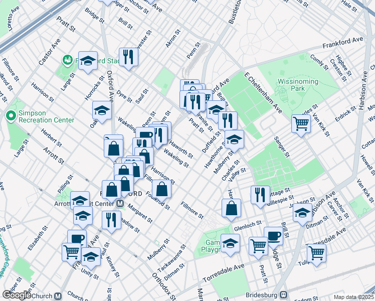 map of restaurants, bars, coffee shops, grocery stores, and more near 1653 Haworth Street in Philadelphia