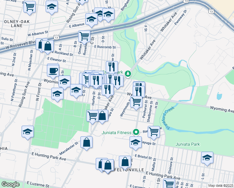 map of restaurants, bars, coffee shops, grocery stores, and more near 604 East Wyoming Avenue in Philadelphia