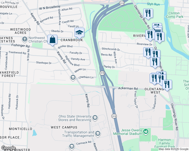 map of restaurants, bars, coffee shops, grocery stores, and more near 922 Chatham Lane in Columbus
