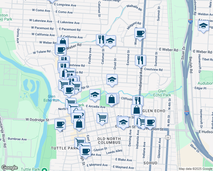 map of restaurants, bars, coffee shops, grocery stores, and more near 205 Olentangy Street in Columbus