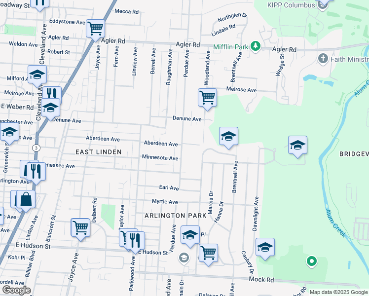 map of restaurants, bars, coffee shops, grocery stores, and more near 2550 Perdue Avenue in Columbus