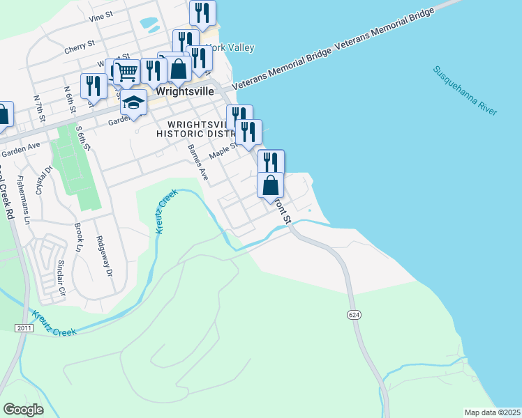 map of restaurants, bars, coffee shops, grocery stores, and more near 118 Willow Street in Wrightsville