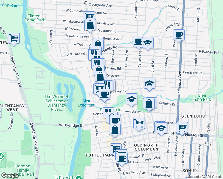 map of restaurants, bars, coffee shops, grocery stores, and more near 2847 East Avenue in Columbus