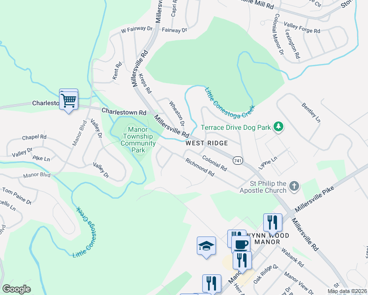 map of restaurants, bars, coffee shops, grocery stores, and more near 2205 Berkshire Road in Lancaster