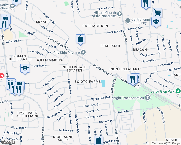 map of restaurants, bars, coffee shops, grocery stores, and more near 3322 Scioto Farms Drive in Hilliard