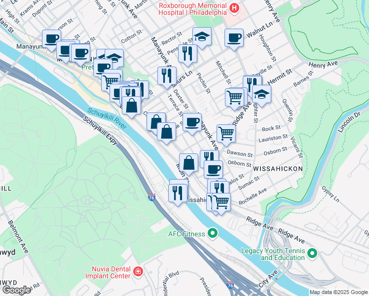 map of restaurants, bars, coffee shops, grocery stores, and more near 114 Salaignac Street in Philadelphia