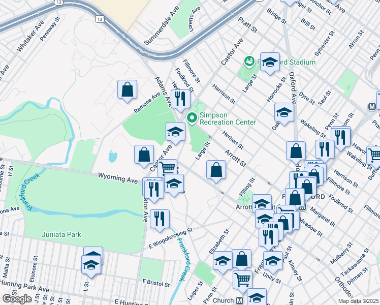 map of restaurants, bars, coffee shops, grocery stores, and more near 4640 Large Street in Philadelphia