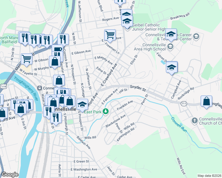 map of restaurants, bars, coffee shops, grocery stores, and more near 124 Snyder St in Connellsville