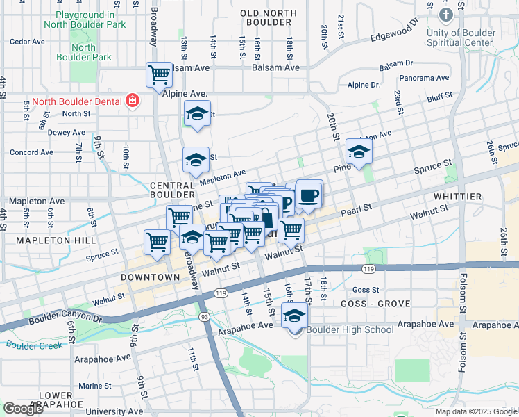map of restaurants, bars, coffee shops, grocery stores, and more near 1529 Spruce Street in Boulder