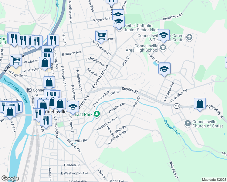 map of restaurants, bars, coffee shops, grocery stores, and more near 211 Hill St in Connellsville