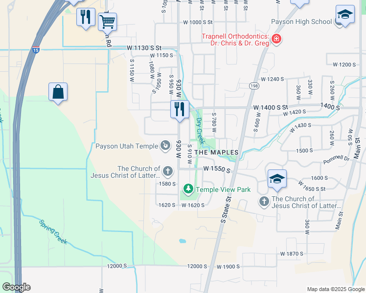 map of restaurants, bars, coffee shops, grocery stores, and more near 1477 South 930 West in Payson