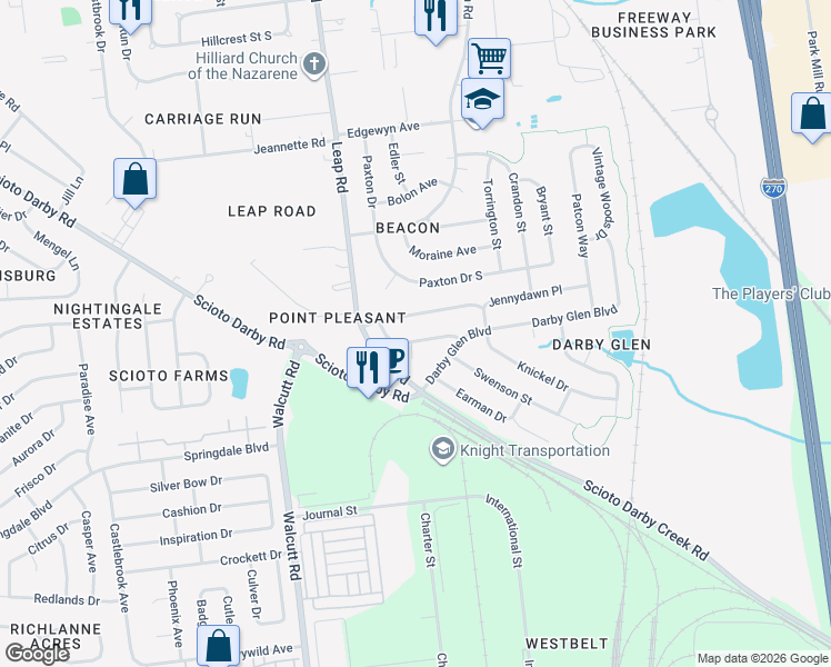 map of restaurants, bars, coffee shops, grocery stores, and more near 4552 Fern Trail Dr in Hilliard