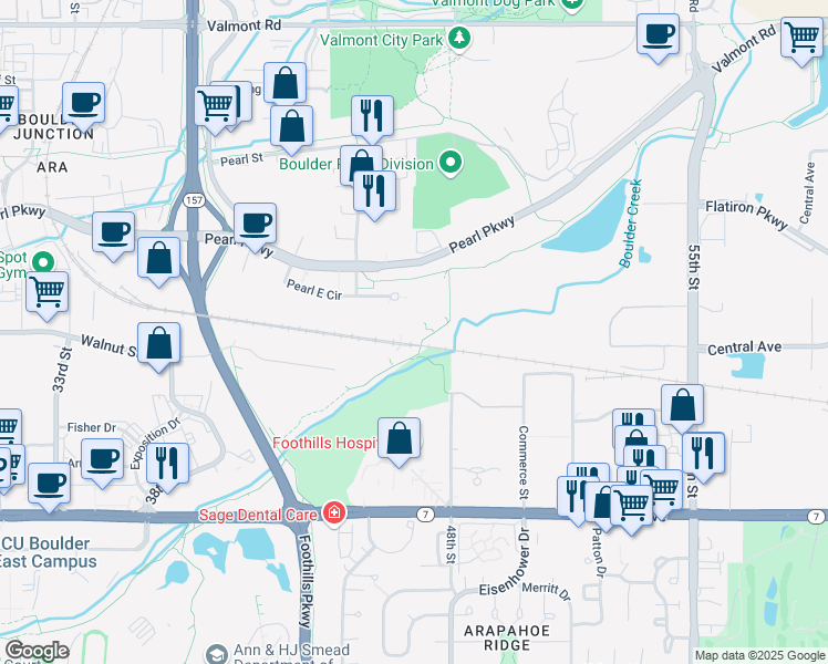 map of restaurants, bars, coffee shops, grocery stores, and more near 4940 Pearl East Circle in Boulder