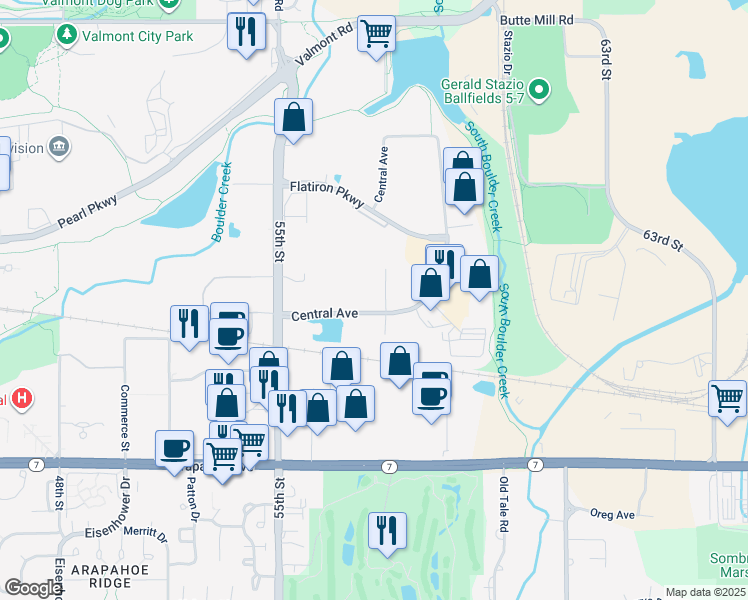 map of restaurants, bars, coffee shops, grocery stores, and more near 5630-5692 Central Avenue in Boulder