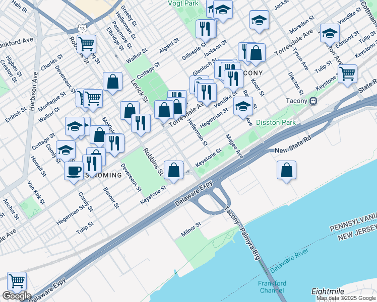 map of restaurants, bars, coffee shops, grocery stores, and more near 6420 Tulip Street in Philadelphia