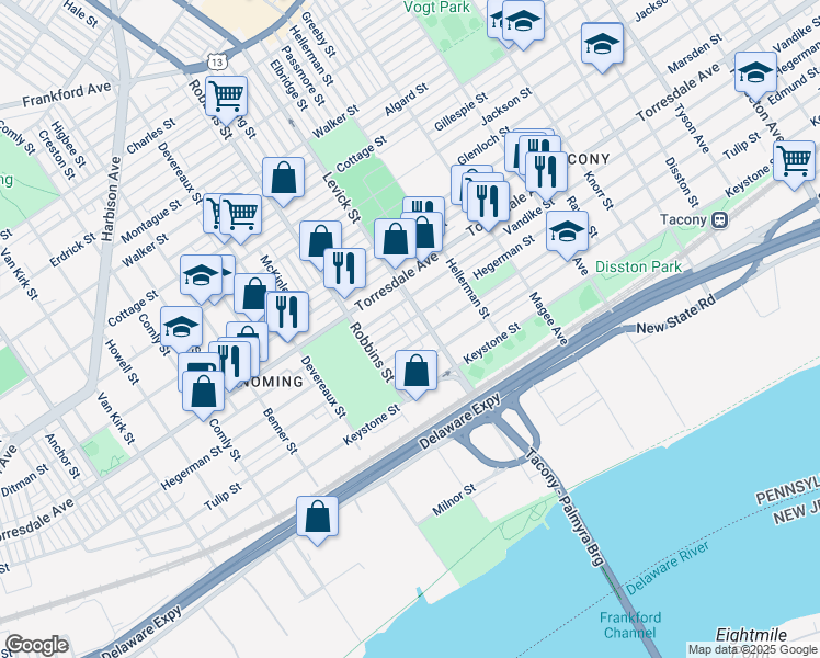 map of restaurants, bars, coffee shops, grocery stores, and more near 6356 Edmund Street in Philadelphia
