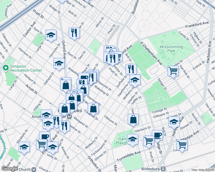 map of restaurants, bars, coffee shops, grocery stores, and more near 1653 Haworth Street in Philadelphia