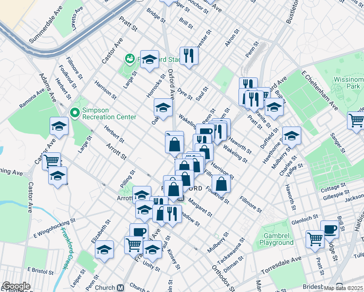 map of restaurants, bars, coffee shops, grocery stores, and more near 4831 Oxford Avenue in Philadelphia