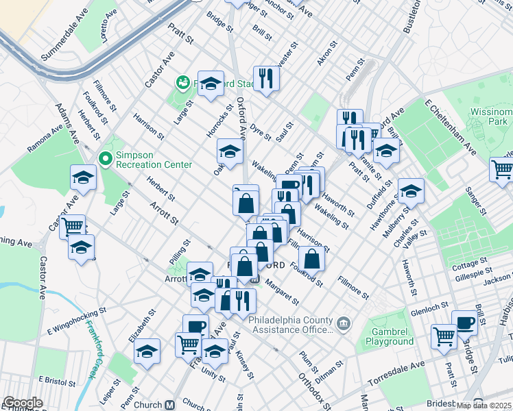 map of restaurants, bars, coffee shops, grocery stores, and more near 4831 Oxford Avenue in Philadelphia