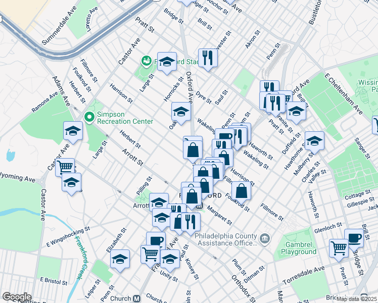 map of restaurants, bars, coffee shops, grocery stores, and more near 4831 Oxford Avenue in Philadelphia